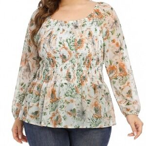 A Love Story Floral Blouse Women XL Multicolor Excellent Smocked Mesh Peplum Top